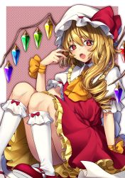 Rule 34 | 1girl, absurdres, arm ribbon, ascot, blonde hair, blush, bow, chocolate, crystal, fang, flandre scarlet, frilled shirt, frilled shirt collar, frilled skirt, frilled sleeves, frills, hat, hat ribbon, highres, long hair, looking at viewer, mob cap, one side up, open mouth, polka dot, polka dot background, puffy short sleeves, puffy sleeves, red bow, red eyes, red ribbon, red skirt, red vest, ribbon, rom (kochirasama), shirt, short sleeves, side ponytail, sitting, skirt, skirt set, socks, solo, touhou, vest, white shirt, white socks, wings, yellow ascot