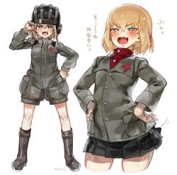 Rule 34 | &gt;:d, 10s, 1girl, :d, ankle boots, black skirt, blonde hair, blue eyes, blush, boots, brown footwear, eyebrows, fang, girls und panzer, hair between eyes, hand on own hip, hands on own hips, helmet, highres, katyusha (girls und panzer), looking at viewer, military, military uniform, motion lines, multiple views, norinco, open mouth, red shirt, school uniform, shirt, simple background, skirt, smile, standing, tank helmet, translated, turtleneck, uniform, v-shaped eyebrows, white background