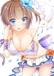 Rule 34 | 1girl, arm ribbon, bare shoulders, beads, bikini, bikini skirt, bloodcatblack, blue eyes, blue flower, blunt bangs, bracelet, breast hold, breasts, brown hair, cleavage, collarbone, cowboy shot, detached sleeves, dragon, ekuseria, embarrassed, fang, female focus, flower, frills, hair flower, hair ornament, highres, jewelry, large breasts, leaning forward, looking at viewer, mouth hold, navel, one side up, open mouth, pleated skirt, pulling, ribbon, rose, see-through, shironeko project, simple background, skirt, solo, stomach, strap slip, string bikini, swimsuit, water drop, white background