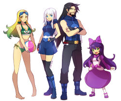 Rule 34 | 1boy, 3girls, :d, artist name, ashe (league of legends), bare legs, bare shoulders, barefoot, beard, belt, bikini, black belt, black gloves, black pants, blonde hair, blue shorts, bow, breasts, child, creatures (company), crossed arms, diving mask, diving mask on head, facial hair, fingerless gloves, game freak, gloves, goggles, goggles on head, green bikini, green hair, hair bow, hood, hood down, juliet sleeves, league of legends, long hair, long sleeves, lulu (league of legends), medium breasts, multiple girls, nami (league of legends), nintendo, open mouth, pants, pantyhose, pink bow, pink footwear, pokemon, puffy sleeves, shoes, shorts, simple background, smile, standing, swimsuit, teeth, upper teeth only, vmat, white background, white legwear, yasuo (league of legends)