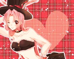 Rule 34 | &gt;;), 00s, 1girl, animal ears, bare shoulders, choker, extra ears, full moon wo sagashite, hat, hat ribbon, heart, maguwa (sklptr), meroko yui, one eye closed, parted bangs, pink hair, plaid, plaid background, rabbit ears, red background, red eyes, red ribbon, red theme, ribbon, sleeveless, solo, top hat, v-shaped eyebrows