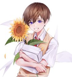 Rule 34 | 1boy, ando shiki, blue eyes, book, book stack, brown hair, collared shirt, flower, highres, male focus, nyamnyam0502, paper, paradox live, petals, plant, school uniform, shirt, short sleeves, smile, solo, sunflower, white background, white shirt