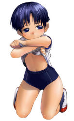 Rule 34 | blue eyes, blue hair, blush, buruma, child, gym uniform, legs, satou toshiyuki, short hair, solo, sweat, undressing