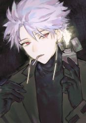 Rule 34 | 1boy, black gloves, black jacket, cigarette, commentary request, earrings, fire, gloves, highres, holding, holding lighter, jacket, jewelry, korean commentary, lighter, long sleeves, male focus, open clothes, open jacket, open mouth, pow (p0w at 100), purple hair, red eyes, saibou shinkyoku, short hair, solo, theodore riddle, turtleneck