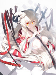 Rule 34 | 1girl, absurdly long hair, animal, bandaged arm, bandaged leg, bandages, bare shoulders, barefoot, bird, closed mouth, collarbone, commentary request, curled horns, full body, grey background, grey hair, hair between eyes, highres, horns, knees up, long hair, looking at viewer, off shoulder, original, red eyes, robe, solo, squatting, very long hair, white robe, yuuji (yukimimi)