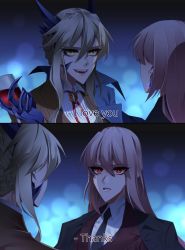 Rule 34 | 2girls, 2koma, artoria pendragon (fate), artoria pendragon (lancer alter) (fate), bad id, bad twitter id, black neckwear, blonde hair, comic, commentary request, confession, cup, drinking glass, earrings, english text, fate/grand order, fate (series), florence nightingale (fate), gauntlets, hair between eyes, highres, hochikass, holding, holding cup, holding drinking glass, horns, jewelry, long hair, looking at another, multiple girls, necktie, open mouth, pink hair, portrait, red eyes, wine glass, yellow eyes, yuri