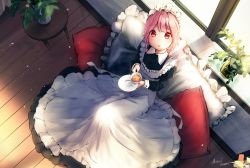 Rule 34 | 1girl, amamami prime, apron, blush, braid, breasts, cup, dress, from above, hair between eyes, highres, indoors, long dress, looking at viewer, maid, maid apron, maid headdress, medium breasts, medium hair, multicolored eyes, open mouth, original, pillow, pink eyes, pink hair, plant, red eyes, short twintails, single braid, sitting, solo, tea, teacup, twintails, window