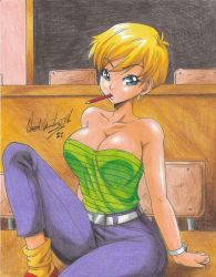 Rule 34 | 1girl, 2021, arm support, bare arms, bare shoulders, belt, blonde hair, blue eyes, blue pants, breasts, chair, classroom, cleavage, collarbone, desk, dragon ball, dragonball z, erasa (dragon ball), highres, indoors, knee up, large breasts, looking at viewer, mouth hold, neck, on desk, pants, pencil, ravernclouk design, shiny skin, short hair, sitting, on desk, solo, strapless, thick thighs, thighs, tube top, watch, white belt, wristwatch