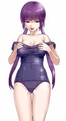 Rule 34 | 1girl, :p, bad id, bad pixiv id, bare shoulders, blue eyes, breasts, cleavage, clothes pull, kfr, long hair, old school swimsuit, one-piece swimsuit, one-piece swimsuit pull, original, purple hair, school swimsuit, solo, swimsuit, tongue, tongue out, very long hair