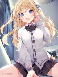 Rule 34 | 1girl, artist name, bag, blonde hair, blue bag, blue eyes, blue ribbon, blush, bow, bowtie, breasts, buttons, cardigan, collared shirt, commentary request, curtains, fangs, hair ornament, hair ribbon, hand up, highres, indoors, karory, long hair, long sleeves, looking at viewer, medium breasts, open mouth, original, plaid, plaid bow, plaid bowtie, plaid skirt, pleated skirt, ribbon, school bag, school uniform, scrunchie, shirt, skirt, sleeves past wrists, solo, spread legs, two side up, white cardigan, wrist scrunchie, x hair ornament