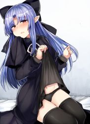 Rule 34 | 1girl, bad id, bad pixiv id, black bow, black dress, black panties, black thighhighs, blue hair, blush, bow, capelet, clothes lift, dress, dress lift, hair bow, hands up, indoors, legs together, len (tsukihime), lifted by self, long hair, looking at viewer, on bed, open mouth, panties, parted bangs, pointy ears, red eyes, sabujiroko, sitting, skirt, skirt lift, solo, thighhighs, thighs, tsukihime, underwear, yokozuwari