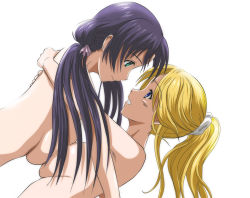 Rule 34 | 10s, 2girls, anime coloring, ayase eli, blue eyes, breast press, breasts, completely nude, dutch angle, eye contact, face-to-face, female focus, green eyes, hug, large breasts, long hair, looking at another, love live!, love live! school idol project, multiple girls, nude, ponytail, purple eyes, sideboob, simple background, smile, symmetrical docking, topless, tojo nozomi, upper body, white background, yuri, yuuk33