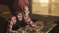 Rule 34 | 00s, 1girl, bad id, bad pixiv id, bored, braid, darker than black, flat chest, food, green eyes, head rest, highres, mayo (maxton), plate, scarf, shirt, sitting, solo, squirrel, striped clothes, striped shirt, suou pavlichenko, table, window