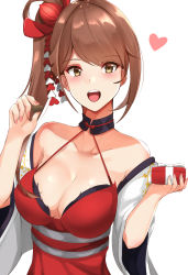 Rule 34 | 1girl, absurdres, azur lane, bare shoulders, black choker, blush, box, breasts, brown hair, chocolate, choker, cleavage, collarbone, detached sleeves, dress, feeding, gift, gift box, hair ornament, halter dress, halterneck, haneramu, heart, highres, incoming food, large breasts, long hair, looking at viewer, nail polish, open mouth, pink nails, ponytail, pov feeding, red dress, side ponytail, smile, solo, upper body, valentine, white background, wide sleeves, zuikaku (azur lane)