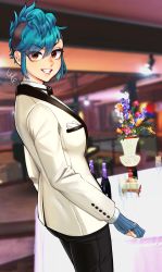 Rule 34 | 1girl, black bow, black bowtie, black pants, blue gloves, blue hair, blush, bow, bowtie, brown eyes, fang, fingerless gloves, gloves, grin, hairband, highres, indoors, long sleeves, looking at viewer, messy hair, pants, parted lips, payday 2, short hair, smile, solo, sydney (payday), teeth, tuxedo, wg.