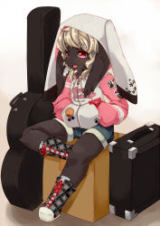 Rule 34 | 1girl, animal ears, animal hood, azuki akizuki, box, copyright request, furry, furry female, guitar case, hands in opposite sleeves, hood, instrument case, open mouth, pink eyes, sitting, smile, solo, unmoving pattern