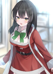 Rule 34 | 1girl, absurdres, belt, black hair, breasts, capelet, christmas, cleavage, detached collar, dress, green necktie, grey eyes, hair ornament, hairclip, highres, indoors, jacket, kantai collection, long hair, long sleeves, looking at viewer, medium breasts, necktie, official alternate costume, oyashio (kancolle), red dress, smile, solo, window, yoshino (mfmfpng)