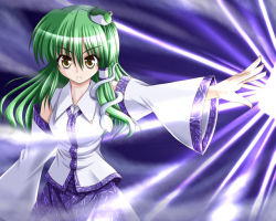 Rule 34 | 1girl, bare shoulders, blue skirt, bococho, collar, cowboy shot, detached sleeves, expressionless, female focus, frog hair ornament, green eyes, green hair, hair ornament, kochiya sanae, light rays, long sleeves, looking at viewer, matching hair/eyes, nontraditional miko, outstretched arm, skirt, snake hair ornament, solo, standing, touhou, vest