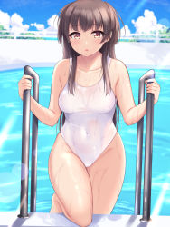 Rule 34 | 1girl, black hair, blue sky, breasts, brown eyes, cloud, collarbone, competition swimsuit, covered navel, cowboy shot, day, highres, idolmaster, idolmaster shiny colors, long hair, looking at viewer, mayuzumi fuyuko, medium breasts, mobukichi, one-piece swimsuit, outdoors, pool, pool ladder, sky, solo, swimsuit, two side up, water, white one-piece swimsuit