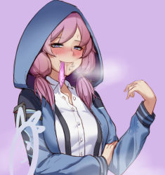 Rule 34 | 1girl, arknights, arm pouch, armband, artist logo, blue eyes, blue jacket, blue poison (arknights), blush, breasts, breath, chinese commentary, closed mouth, collared shirt, condom, condom in mouth, eyebrows visible through hair, hair in mouth, half-closed eyes, heart, heart-shaped pupils, heavy breathing, highres, hood, hood up, hooded jacket, jacket, long sleeves, looking at viewer, medium breasts, medium hair, mouth hold, naughty face, open clothes, open jacket, partially unbuttoned, pink hair, pubic hair, purple background, shirt, simple background, smell, smile, solo, steam, stray pubic hair, suspenders, symbol-shaped pupils, tiankong pie ai, twintails, upper body, used condom, visible air, white shirt