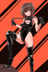 Rule 34 | 1girl, absurdres, alternate costume, black footwear, black gloves, bondage outfit, boots, breasts, brown eyes, brown hair, cat o&#039; nine tails, dominatrix, gloves, headgear, high heel boots, high heels, highleg, highleg leotard, highres, holding, holding whip, kantai collection, latex, latex boots, latex gloves, latex leotard, leotard, monte (koupin), short hair, short hair with long locks, sidelocks, small breasts, solo, taihou (kancolle), thigh boots, whip