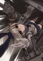 Rule 34 | 10s, 1girl, bad id, bad pixiv id, bare shoulders, blonde hair, blue eyes, blue skirt, bow, crop top, elbow gloves, gloves, hair bow, hairband, highres, kantai collection, long hair, looking at viewer, looking up, neckerchief, parted lips, pecolondon, pleated skirt, reaching, rensouhou-chan, shimakaze (kancolle), sitting, skirt, striped clothes, striped thighhighs, thighhighs, white gloves