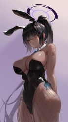 Rule 34 | 1girl, absurdres, animal ears, arms behind back, black hair, black leotard, blue archive, blue bow, blue bowtie, bow, bowtie, breasts, chochomi, cleavage, dark-skinned female, dark skin, detached collar, fake animal ears, fishnet pantyhose, fishnets, from below, hair between eyes, halo, high ponytail, highres, karin (blue archive), karin (bunny) (blue archive), large breasts, leotard, long hair, number tattoo, official alternate costume, pantyhose, playboy bunny, ponytail, purple background, rabbit ears, shiny skin, shoulder tattoo, sidelocks, skindentation, strapless, strapless leotard, tattoo, thick thighs, thighs, traditional bowtie, very long hair, yellow eyes