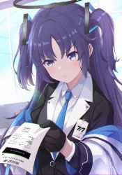 Rule 34 | 1girl, absurdres, aka (440626), blouse, blue archive, blue necktie, blush, frown, gloves, halo, highres, holding, id card, jacket, long hair, necktie, off shoulder, purple hair, receipt, school uniform, shirt, solo, two side up, vest, white shirt, yuuka (blue archive)