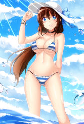 Rule 34 | 1girl, :d, benchen06, bikini, blue eyes, blue sky, bracelet, breasts, brown hair, cleavage, cloud, day, halterneck, highres, in water, jewelry, large breasts, light rays, open mouth, original, outdoors, sky, smile, solo, standing, string bikini, striped bikini, striped clothes, swimsuit, wading