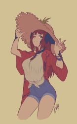 Rule 34 | 1girl, au ra, warrior of light (ff14), blue eyes, borrowed character, breasts, brown hair, commentary, commission, cropped legs, denim, denim shorts, dragon horns, english commentary, fictional persona, final fantasy, final fantasy xiv, front-tie top, hat, heterochromia, high-waist shorts, highres, horns, long hair, medium breasts, red eyes, scales, shorts, solo, standing, sun hat, v, zhvo
