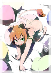 Rule 34 | 1boy, :p, all fours, animal ears, ass, bad id, bad pixiv id, bottomless, cat boy, cat ears, clothes pull, d@i, green eyes, heart, heart-shaped pillow, highres, lion ears, lion tail, looking at viewer, looking up, male focus, orange hair, pillow, shorts, shorts pull, sleeveless, solo, tail, tongue, tongue out