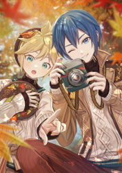 Rule 34 | 2boys, absurdres, autumn, autumn leaves, blonde hair, blue eyes, blue hair, blue nails, blurry, blurry background, camera, green eyes, hat, highres, holding, holding camera, kagamine len, kaito (vocaloid), looking at viewer, male focus, multiple boys, nail polish, one eye closed, open mouth, pointing, project sekai, short hair, smile, squatting, sweater, taking picture, upper body, vocaloid, vs0mr, yellow nails