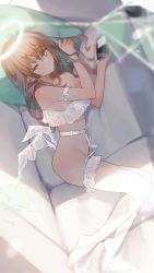 Rule 34 | 1girl, bare shoulders, belt, blush, brown hair, cellphone, cona kinaco, copyright request, frilled thighhighs, frills, green eyes, highres, long hair, lying, on side, one eye closed, phone, smartphone, solo, thighhighs, underwear, white belt, white thighhighs