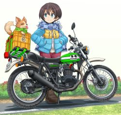 Rule 34 | 1girl, black footwear, black hair, blue coat, blue eyes, blue scarf, boots, checkered clothes, checkered scarf, chikuwa (yurucamp), closed mouth, coat, commentary request, day, dog, fringe trim, hands in pockets, highres, kawasaki, kawasaki 250tr, long sleeves, looking to the side, mikeran (mikelan), motor vehicle, motorcycle, open clothes, open coat, outdoors, pants, partial commentary, purple pants, saitou ena, scarf, shadow, short hair, smile, solo, standing, sweater, white background, white sweater, yurucamp