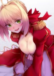 Rule 34 | &gt;:d, 10s, 1girl, :d, ahoge, blonde hair, blush, breasts, cleavage, cleavage reach, clothes pull, dress, epaulettes, fate/extra, fate (series), green eyes, hair intakes, juliet sleeves, large breasts, long sleeves, looking at viewer, naughty face, nero claudius (fate), nero claudius (fate) (all), nero claudius (fate/extra), open mouth, puffy sleeves, red dress, short hair, smile, solo, teasing, top pull, v-shaped eyebrows, wide sleeves, yude