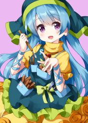 Rule 34 | 1girl, apron, arm ribbon, blue hair, blue ribbon, bow, dress, green apron, green bow, green headwear, green hood, haniyasushin keiki, head scarf, highres, holding, jewelry, long hair, looking at viewer, magatama, magatama necklace, necklace, open mouth, pocket, purple background, purple eyes, ribbon, ruu (tksymkw), short sleeves, simple background, single strap, smile, solo, tools, touhou, wood carving tool, yellow dress