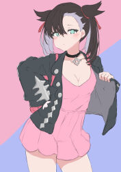 1girl asymmetrical_bangs black_choker black_hair black_jacket blush breasts choker cleavage closed_mouth collarbone creatures_(company) dress ear_piercing fusegi_midori game_freak green_eyes hair_between_eyes hair_ribbon highres jacket looking_at_viewer marnie_(pokemon) nintendo open_clothes open_jacket piercing pink_dress pokemon pokemon_swsh ribbon short_dress small_breasts undercut