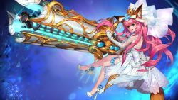 Rule 34 | 1girl, animal ears, artist request, bridal veil, bride, cannon, crown, dog ears, dog tail, dress, elbow gloves, elin, gloves, green eyes, gun, high heels, highres, huge weapon, long hair, official art, open mouth, pink hair, shoes, smile, solo, tail, tera online, veil, weapon, wedding dress, white dress, white gloves