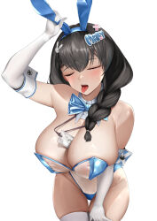 Rule 34 | 1girl, absurdres, animal ears, arm cuffs, arm up, bare shoulders, between breasts, black hair, blue bow, blue bowtie, blue leotard, bow, bowtie, braid, braided ponytail, breasts, character name, closed eyes, cowboy shot, detached collar, elbow gloves, facing viewer, fake animal ears, gloves, goddess of victory: nikke, hair ornament, hand on own ear, hand on own thigh, highleg, highleg leotard, highres, id card, lanyard, large breasts, leaning forward, leotard, long hair, mary (medical rabbit) (nikke), mary (nikke), meme attire, nontraditional playboy bunny, official alternate costume, open mouth, playboy bunny, pulling own ear, rabbit ears, rabbit hair ornament, ryuvie, see-through, see-through leotard, simple background, solo, strapless, strapless leotard, sweat, thighhighs, tongue, tongue out, translucent bunnysuit, two-tone leotard, white background, white gloves, white leotard, white thighhighs