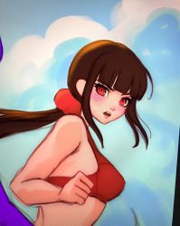 Rule 34 | 1girl, bikini, blunt bangs, blush, breasts, brown hair, clenched hand, commentary, covered erect nipples, danganronpa (series), danganronpa s: ultimate summer camp, danganronpa v3: killing harmony, day, from side, harukawa maki, highres, long hair, looking at viewer, medium breasts, missarilicious, official alternate costume, open mouth, ponytail, red bikini, red eyes, red scrunchie, scrunchie, sketch, solo, swimsuit, teeth, upper body, upper teeth only