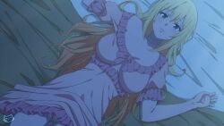 Rule 34 | 1girl, artist logo, blonde hair, breasts, commentary, darkness (konosuba), from above, hands up, keihh, kono subarashii sekai ni shukufuku wo!, large breasts, looking at viewer, lying, moonlight, night, nightgown, on back, on bed, parted lips, pink nightgown, solo, symbol-only commentary