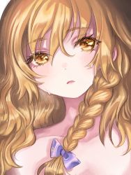 Rule 34 | 1girl, blonde hair, blush, bow, braid, collarbone, commentary request, eyelashes, hair between eyes, hair bow, head tilt, highres, kirisame marisa, long hair, looking at viewer, no headwear, nude, parted lips, portrait, purple bow, rosette (roze-ko), simple background, single braid, solo, sweat, touhou, white background, yellow eyes