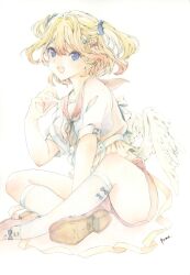 Rule 34 | 1girl, absurdres, angel, angel wings, blonde hair, blue eyes, blue ribbon, bow, brown footwear, hair bow, highres, looking at viewer, low wings, midriff, multiple hair bows, oekaki rabbits, open mouth, original, painting (medium), red shorts, ribbon, shirt, short hair, shorts, signature, simple background, sitting, sleeve bow, socks, solo, traditional media, watercolor (medium), white background, white shirt, white socks, white wings, wings