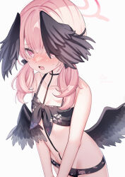 Rule 34 | 1girl, bikini, black bikini, black wings, blue archive, blush, breasts, collarbone, commentary request, front-tie bikini top, front-tie top, grey background, halo, head wings, highres, koharu (blue archive), koharu (swimsuit) (blue archive), looking at viewer, low wings, lulinco, medium hair, official alternate costume, open mouth, pink eyes, pink hair, pink halo, simple background, small breasts, solo, swimsuit, twintails, wings