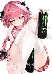 Rule 34 | 1boy, astolfo (fate), astolfo (sailor paladin) (fate), astolfo monster cosplay (meme), bad id, bad pixiv id, bow, can, cheek rest, closed mouth, dokomon, fate/grand order, fate (series), hair bow, hair intakes, heart, heart-shaped pupils, highres, holding, holding can, licking lips, long braid, long hair, looking at viewer, male focus, meme, monster energy, multicolored hair, official alternate costume, pink hair, purple eyes, school uniform, serafuku, short sleeves, simple background, solo, streaked hair, symbol-shaped pupils, thighhighs, tongue, tongue out, trap, white background, white hair, white thighhighs
