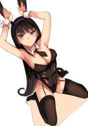 Rule 34 | 1girl, animal ears, arms up, bare shoulders, black hair, black leotard, blunt bangs, boku (@mangaboku), breasts, cleavage, closed mouth, collarbone, commentary, detached collar, fake animal ears, garter straps, highres, houkago no goumon shoujo, leotard, long hair, looking at viewer, medium breasts, necktie, no shoes, playboy bunny, rabbit ears, rabbit pose, smile, solo, strapless, strapless leotard, thighhighs, thighs, tomochika asami, very long hair, wrist cuffs