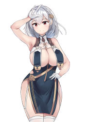 Rule 34 | 1girl, arm up, armpits, azur lane, bare shoulders, blush, braid, breast curtains, breasts, china dress, chinese clothes, cleavage, closed mouth, covered navel, dress, flower, garter straps, gloves, grey dress, hair between eyes, hair flower, hair ornament, half gloves, hand on own hip, highres, large breasts, looking at viewer, neckwear between breasts, pelvic curtain, red eyes, revealing clothes, short hair, side braid, side slit, sideboob, silver hair, simple background, sirius (azur lane), sirius (azure horizons) (azur lane), smile, solo, thighhighs, thighs, white background, white gloves, white thighhighs, xiaozuo cang