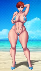 Rule 34 | 1girl, absurdres, areola slip, arm up, armpits, artist name, bare arms, bare shoulders, beach, bemannen, bikini, blue bikini, breasts, closed mouth, collarbone, covered erect nipples, day, female pubic hair, full body, gluteal fold, high heels, highres, large breasts, legs, lips, looking at viewer, micro bikini, navel, ocean, original, outdoors, pubic hair, red hair, short hair, sky, slingshot swimsuit, solo, standing, swimsuit, thick thighs, thighs, wide hips, yellow eyes