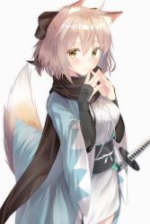 Rule 34 | 1girl, absurdres, ahoge, animal ear fluff, animal ears, arm guards, black bow, black scarf, blush, bow, breasts, brown eyes, brown hair, cloud, commentary request, cowboy shot, fate/grand order, fate (series), fidgeting, fox ears, fox girl, fox tail, frown, grey background, hair bow, highres, japanese clothes, jun (aousa0328), katana, kemonomimi mode, kimono, koha-ace, looking at viewer, medium breasts, obi, okita souji (fate), okita souji (koha-ace), open clothes, own hands together, sash, scarf, sheath, sheathed, short hair, short ponytail, simple background, solo, sword, tail, weapon, white kimono