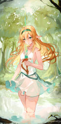 Rule 34 | 1girl, artist name, blonde hair, breasts, day, dress, elf, forest, green eyes, green hairband, hairband, highres, holding, holding sword, holding weapon, long hair, nagasawa tougo, nature, original, outdoors, pointy ears, sleeveless, sleeveless dress, small breasts, solo, sword, transparent weapon, wading, water, weapon, white dress